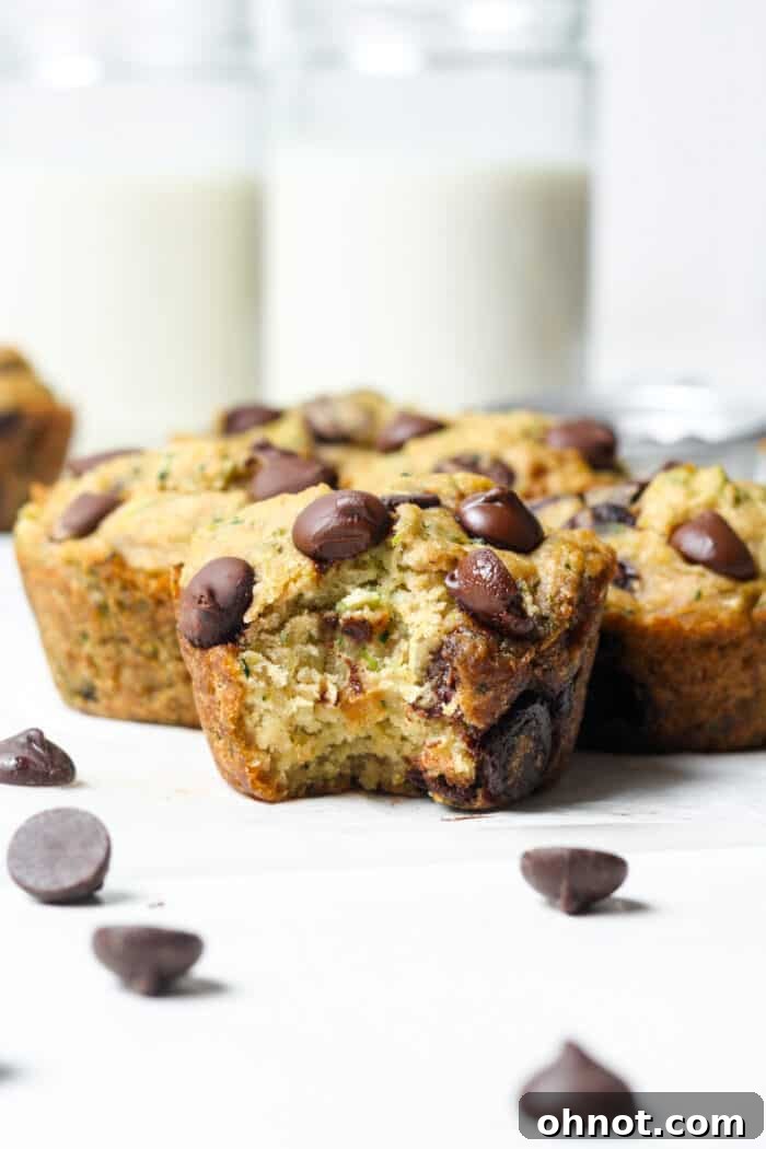Delicious Vegan zucchini muffins with melted chocolate chips, ready to be enjoyed as a healthy breakfast or snack.
