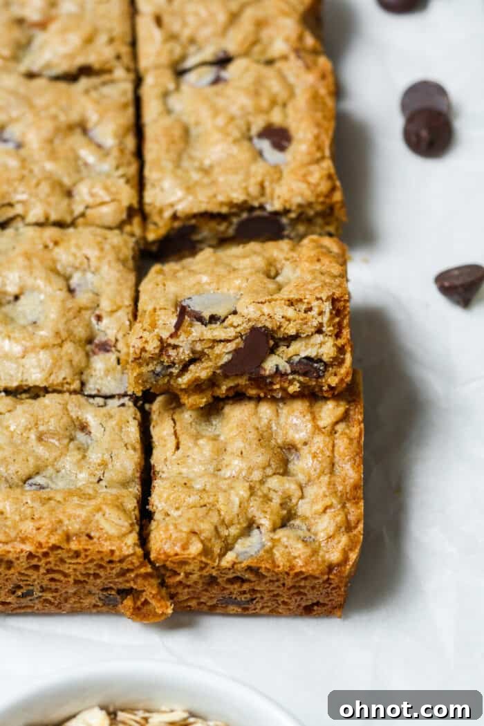 Perfectly sliced oatmeal chocolate chip bars showing their gooey interior and rich chocolate chips.