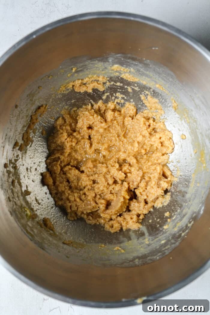 Beaten egg and vanilla extract incorporated into the dough, creating a smooth mixture.