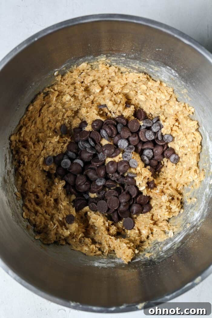 Dark chocolate chips being folded into the oatmeal cookie dough in a bowl.