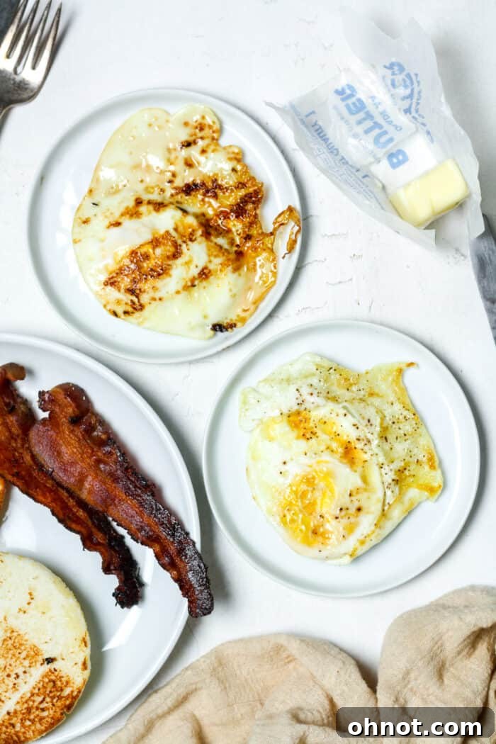 Healthy breakfast buffet spread with fried eggs and fresh produce