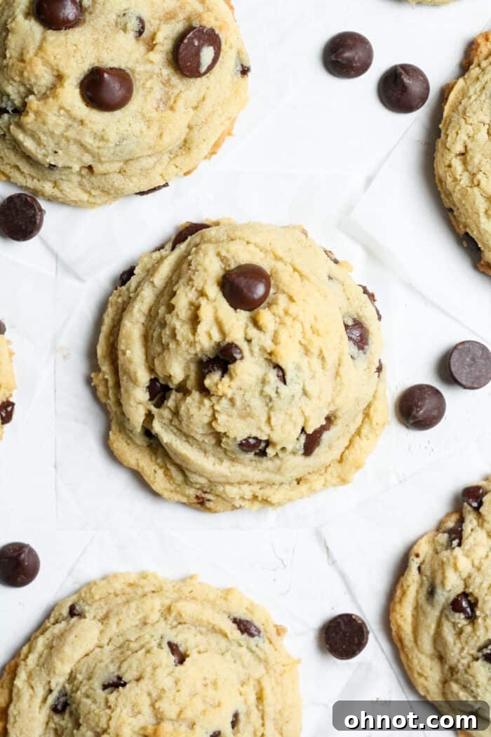 Soft-baked almond flour cookies with chocolate chips on a baking pan