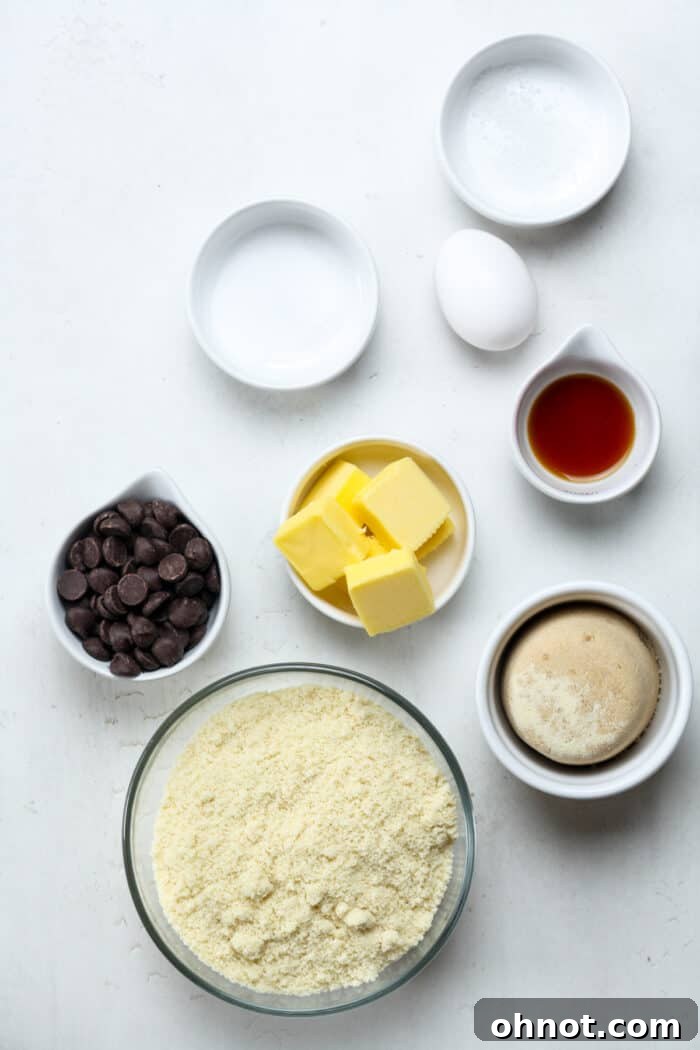 Arrangement of essential baking ingredients: nut flour, butter, and chocolate chips in small white bowls