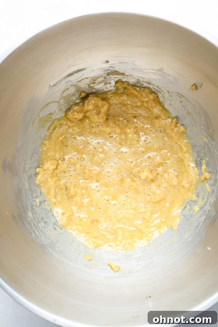 Thin cookie batter in a mixing bowl after egg and vanilla have been added