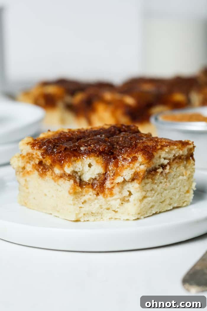 A whole vegan cinnamon coffee cake, beautifully baked with a golden crumb topping, sitting on a wire rack.