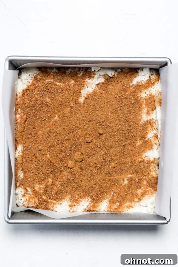 A layer of cinnamon sugar mixture sprinkled over the cake batter in the pan, creating the first part of the delicious swirl.
