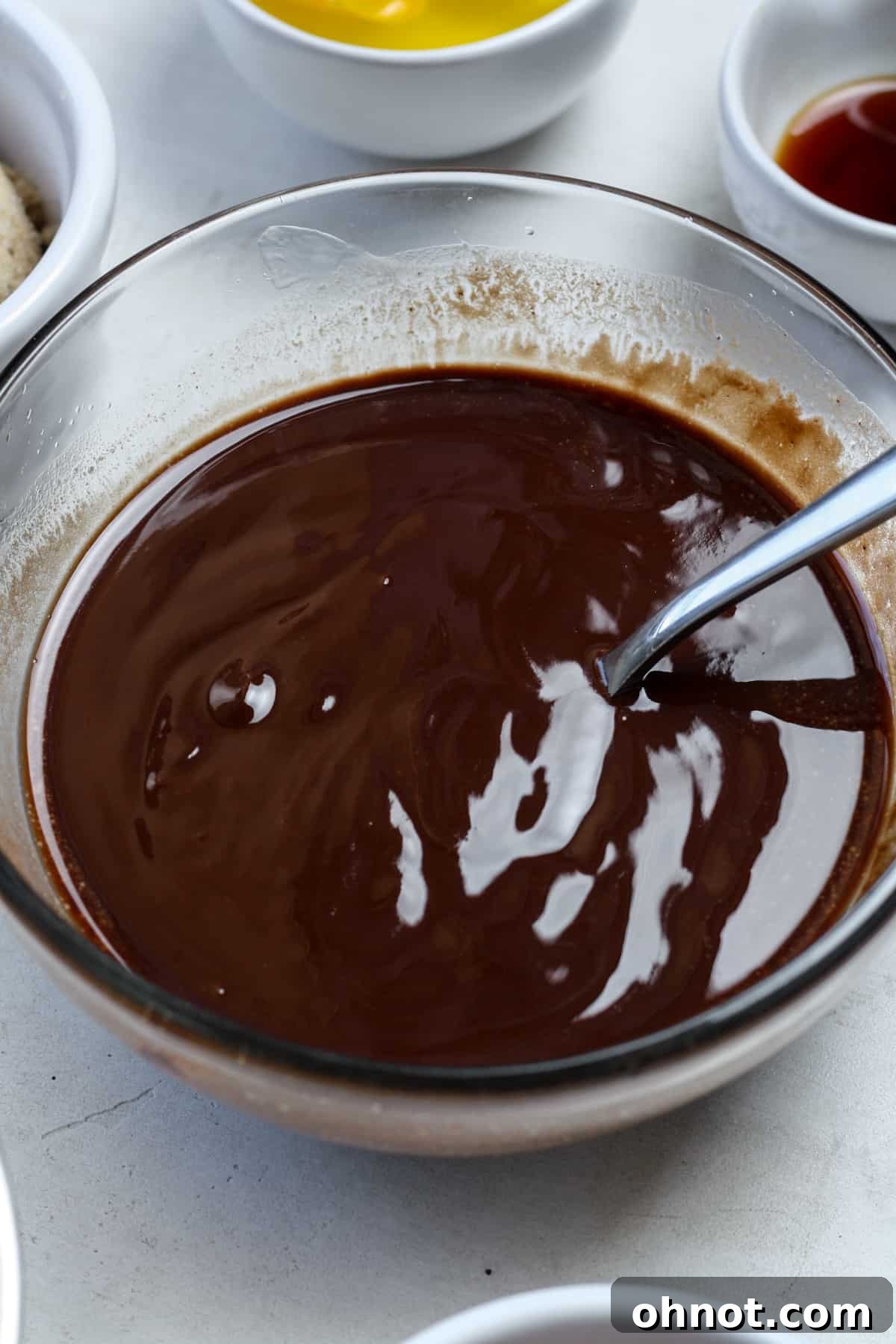 Perfectly smooth and creamy melted chocolate mixture in a bowl