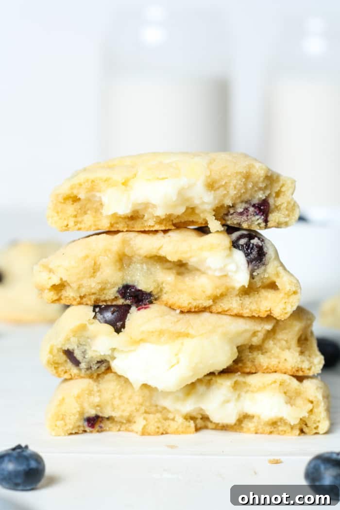 Soft and gooey blueberry cheesecake cookies, fresh from the oven, showcasing their creamy vanilla filling.
