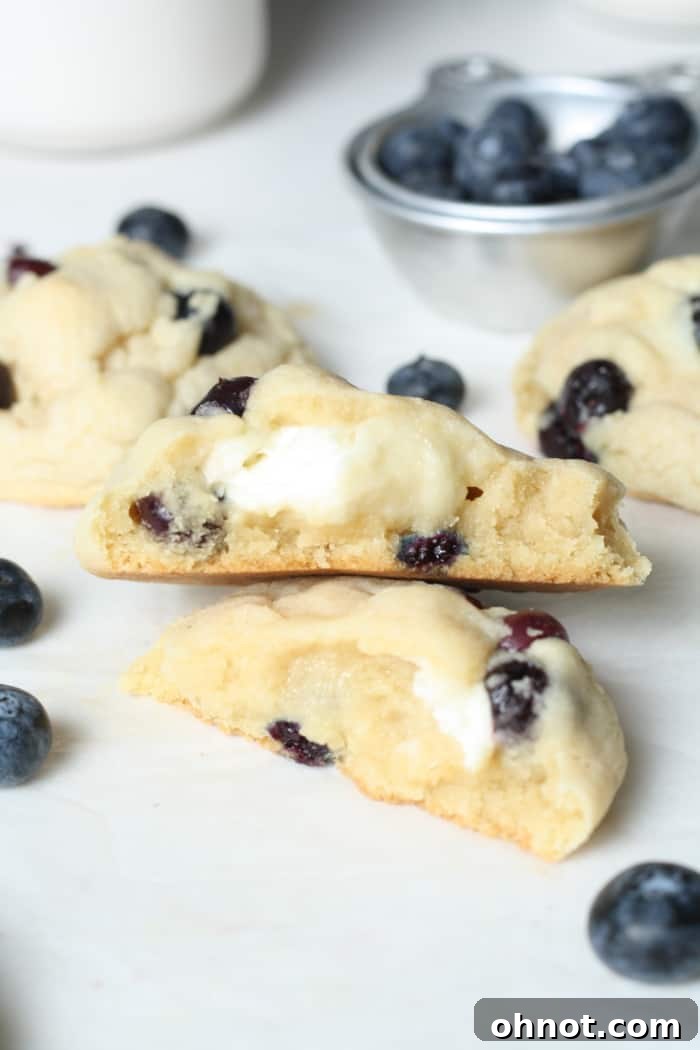 A close-up of blueberry cheesecake cookies, showing their soft texture, visible blueberries, and creamy filling.