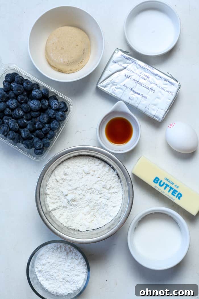 Fresh blueberries and other baking ingredients laid out on a kitchen counter, ready for mixing.