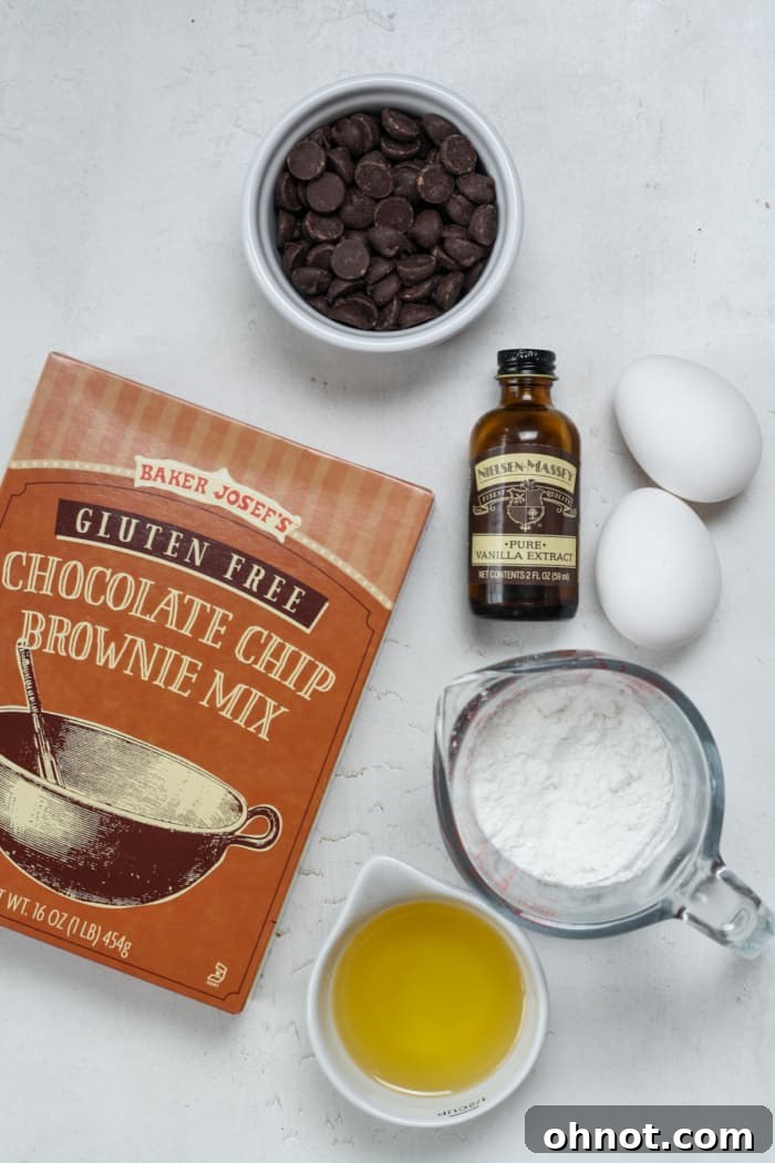 Close-up of brownie mix ingredients in a bowl: gluten-free brownie mix, neutral oil, and chocolate chips, ready for mixing.