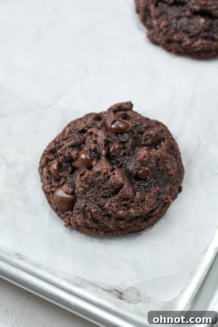 Freshly baked brownie mix cookies on a baking sheet, with visible melted chocolate chips and a slightly soft appearance.