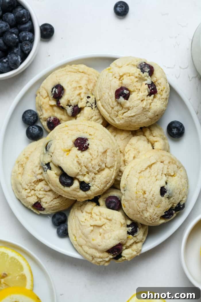 Lemon blueberry cookies on white plate, beautifully arranged