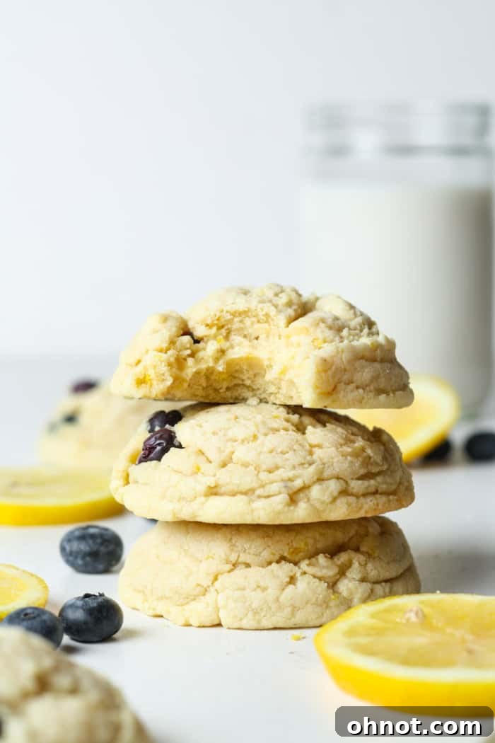 A beautiful stack of fruity cookies, featuring lemon and blueberry