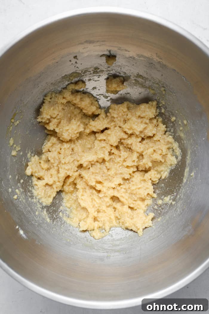 Moist cookie dough with egg and vanilla mixed in a bowl
