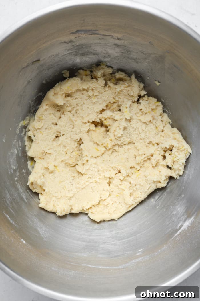 Lemon-infused cookie dough forming in a mixing bowl
