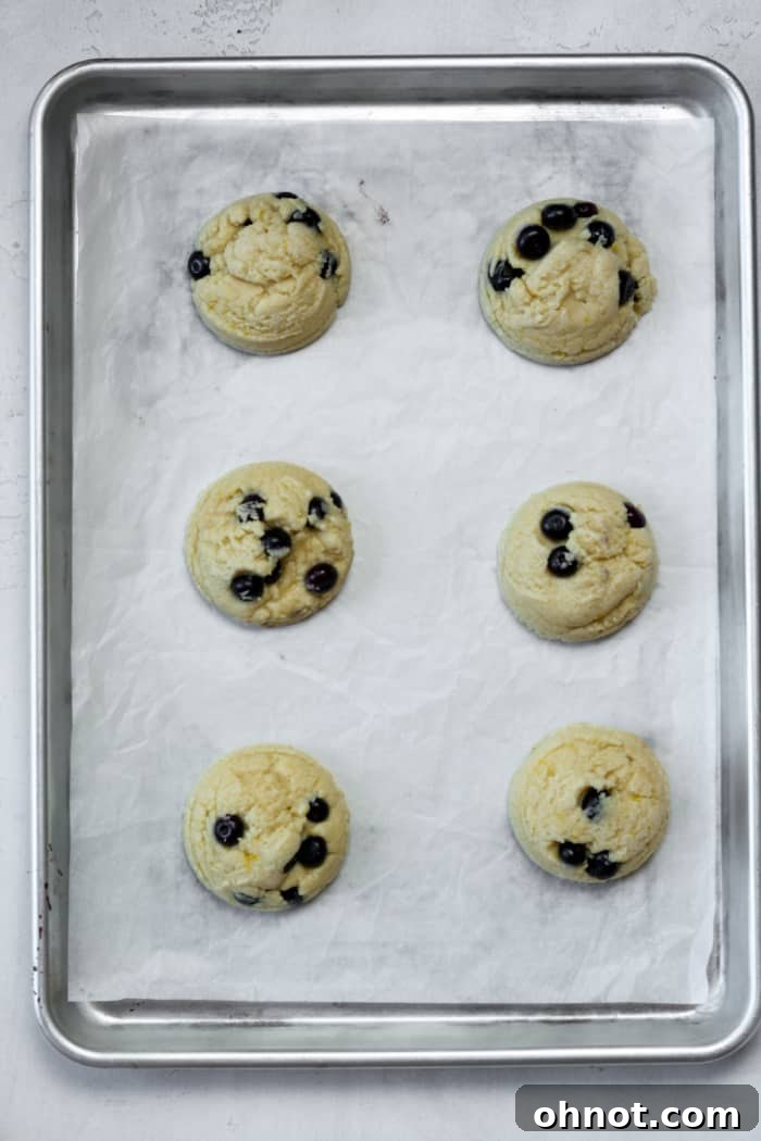 Freshly baked soft lemon blueberry cookies on a baking sheet