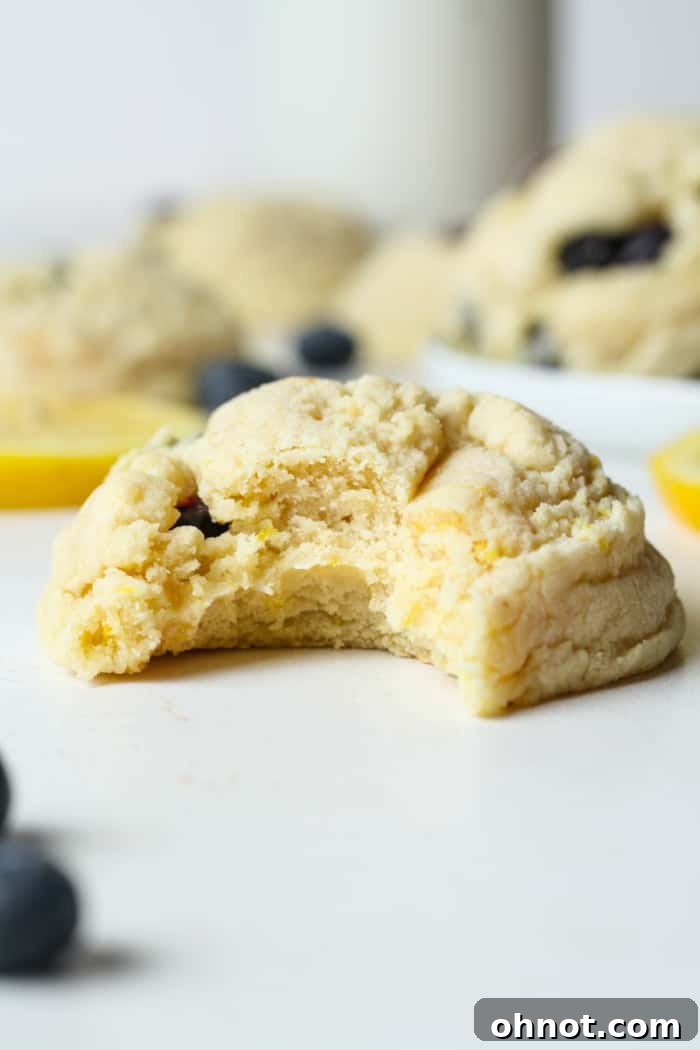 A stack of perfectly soft baked lemon blueberry cookies