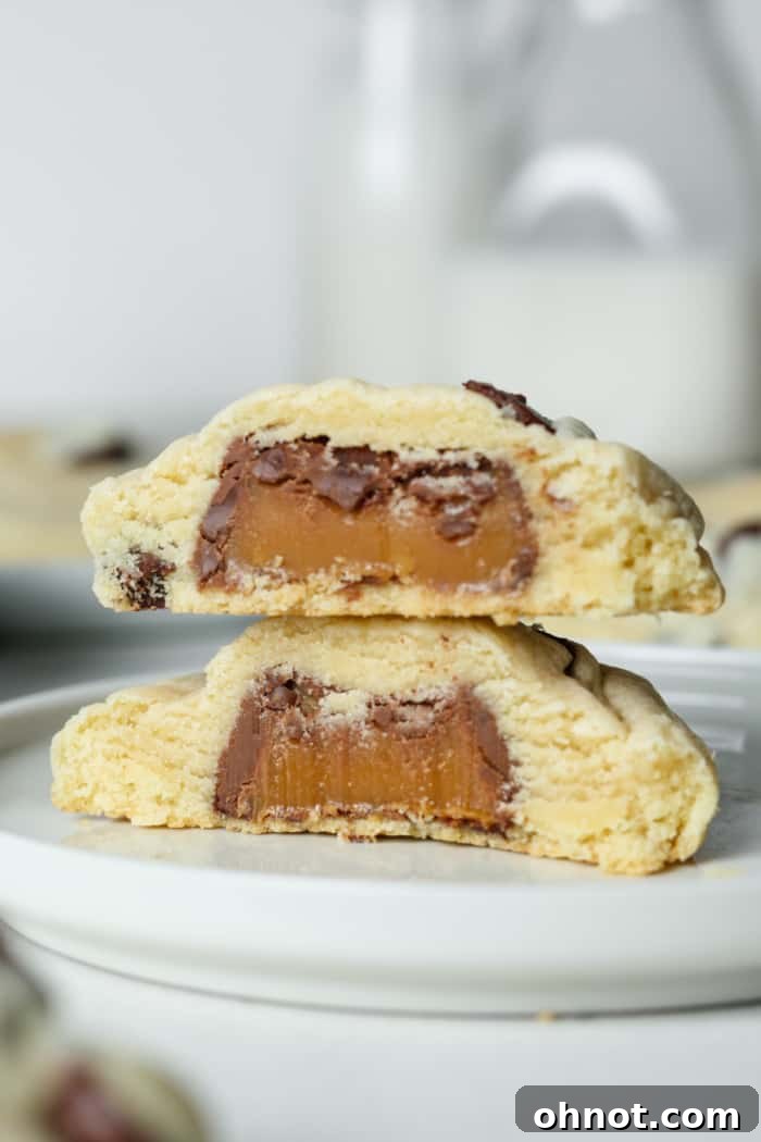 Decadent Caramel Chocolate Chip Cookies with a melted caramel center