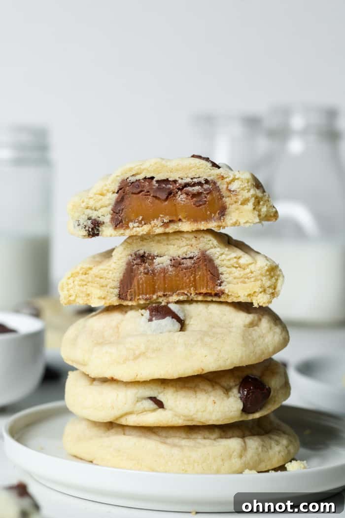 Stack of rich caramel chocolate chip cookies