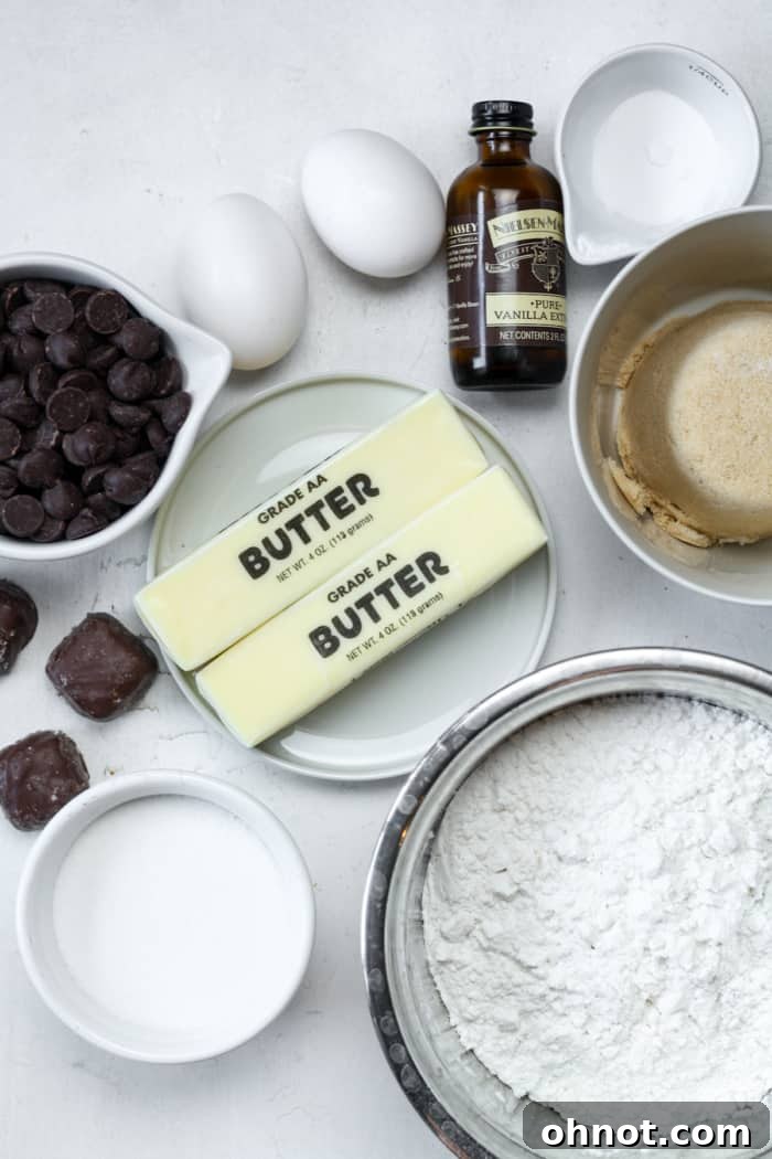 Assorted ingredients for caramel chocolate chip cookies