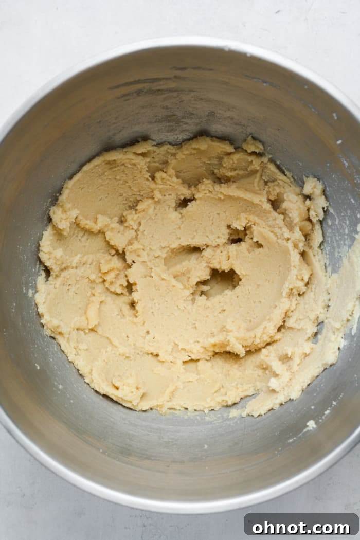 Thick, creamy dough in a mixing bowl