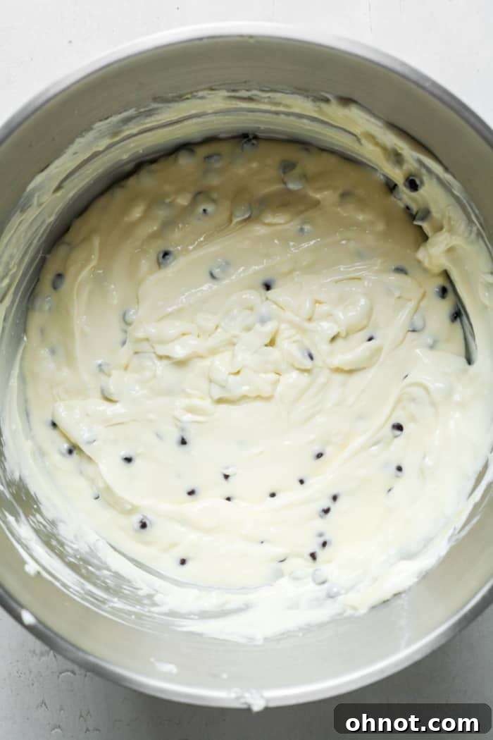 Raw chocolate chip cheesecake batter, showing mini chocolate chips folded in.