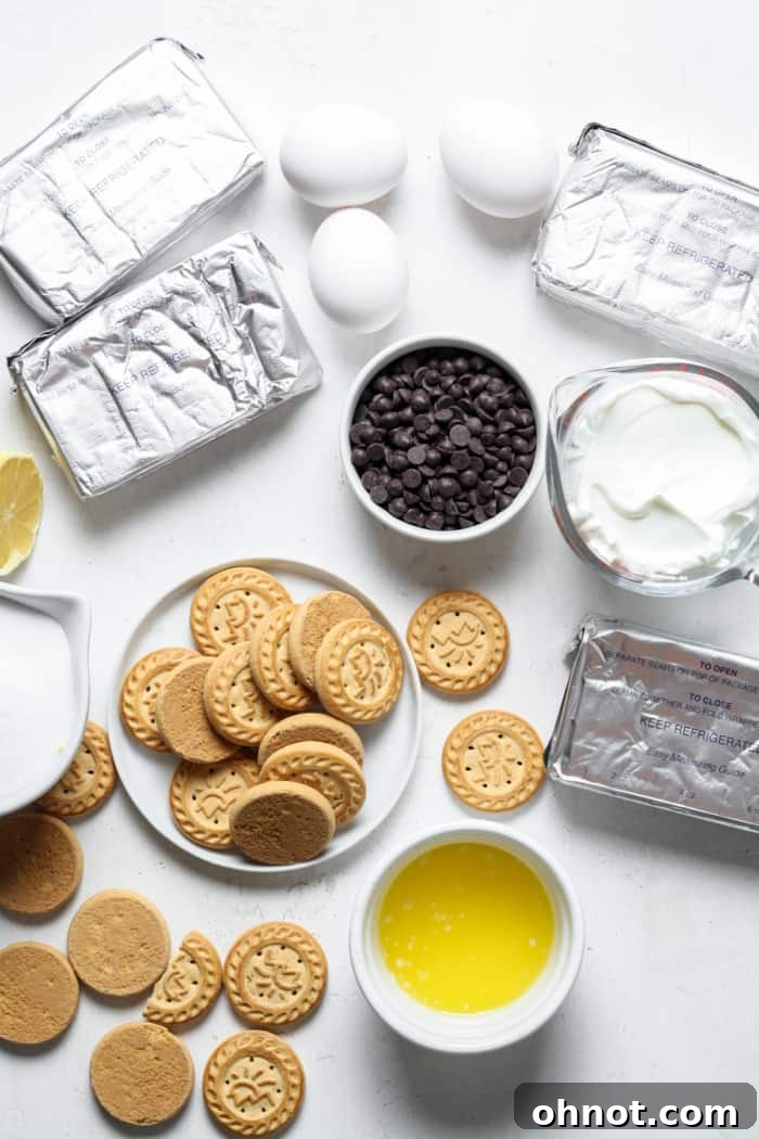 Various cheesecake ingredients including shortbread cookies, cream cheese, and chocolate chips laid out on a kitchen counter.