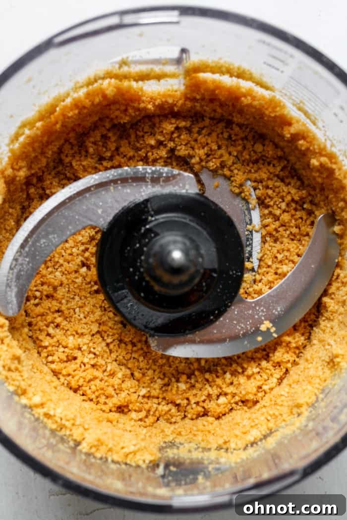 Cookie crumbs mixed with melted butter in a food processor, ready for the cheesecake crust.