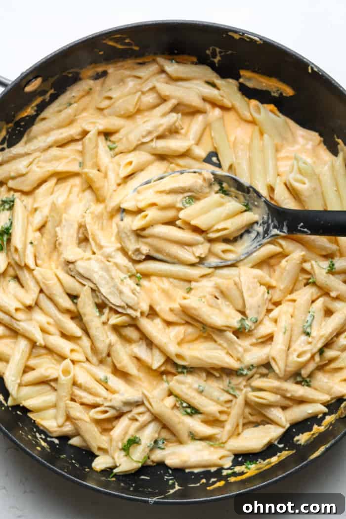 Buffalo chicken pasta sauce in skillet