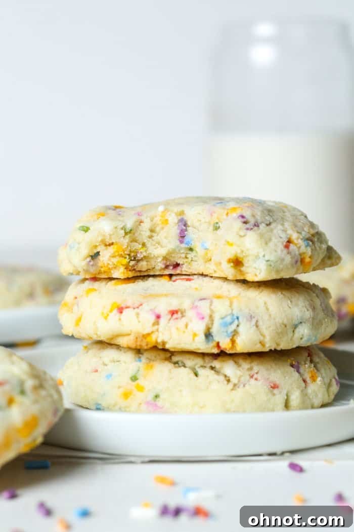 A stack of thick, freshly baked sugar cookies with sprinkles, served alongside a glass of milk.