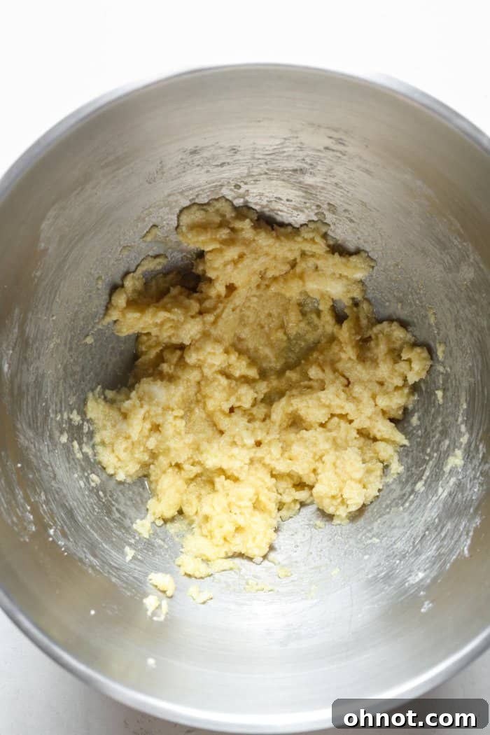 A bowl of creamy, slightly runny cookie dough after the egg and vanilla have been mixed in.