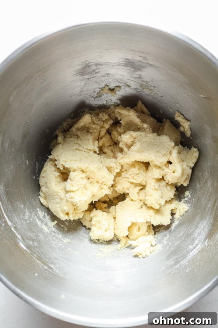 Light-colored cookie dough in a mixing bowl after all dry ingredients have been incorporated, showing its thick consistency.