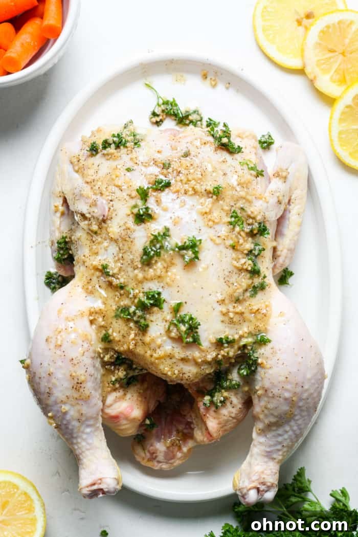 Whole raw chicken covered in garlic herb butter mixture
