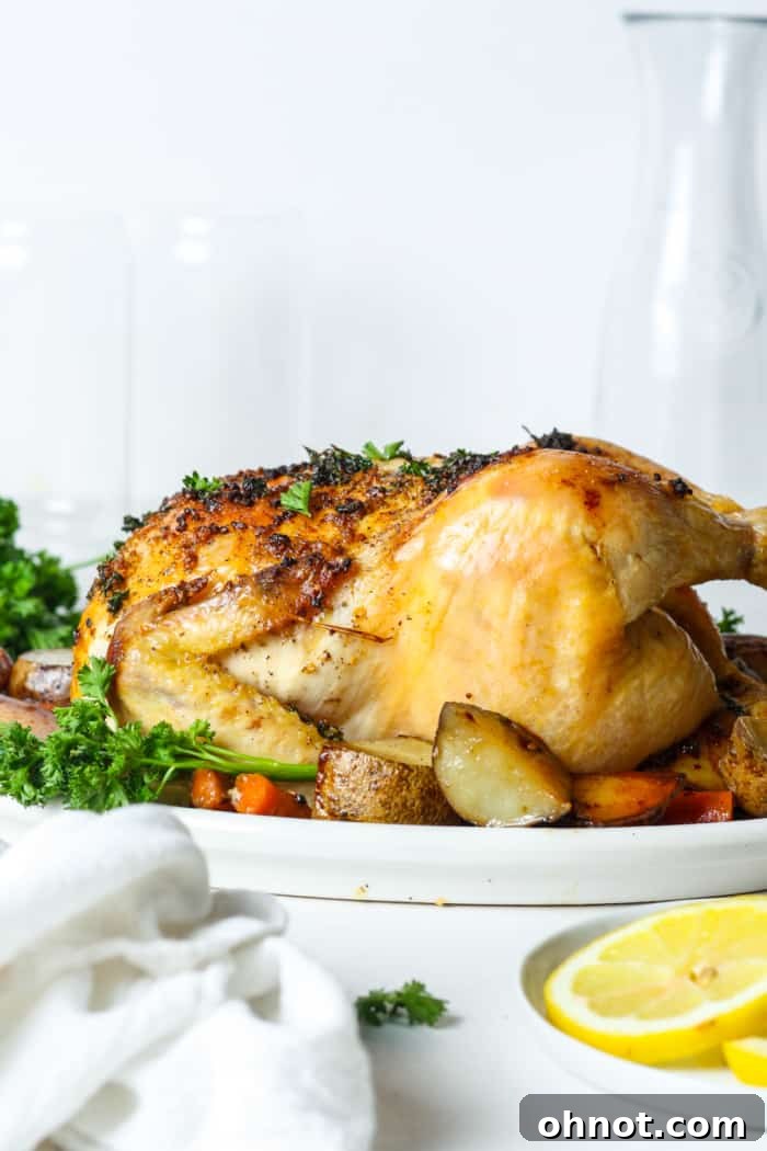 Golden brown whole roasted chicken with tender vegetables in a Dutch oven