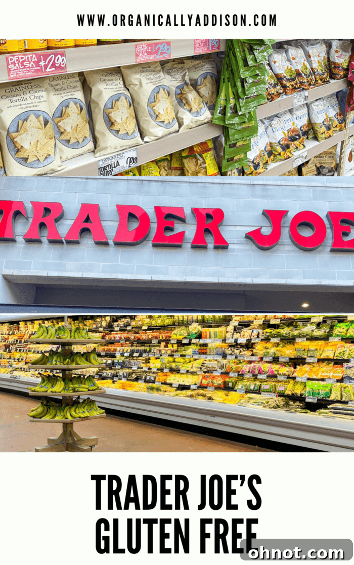 A diverse selection of Trader Joe's gluten-free products including snacks, bread, and frozen items, displayed attractively to highlight their variety.