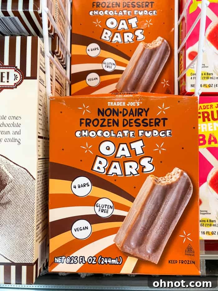 A package of Trader Joe's non-dairy chocolate oat bars, a refreshing frozen dessert option.