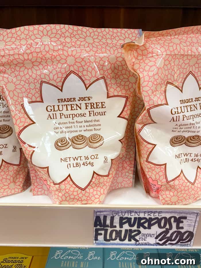 A bag of Trader Joe's gluten-free all-purpose flour blend, essential for gluten-free baking.