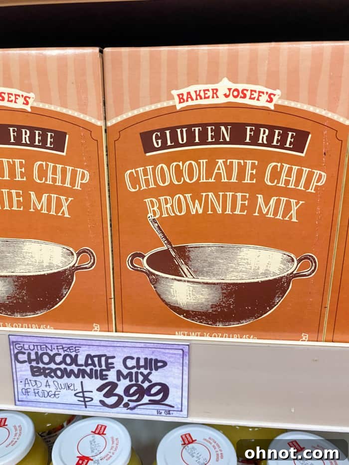 A box of Trader Joe's gluten-free brownie mix, promising rich and decadent chocolate brownies.