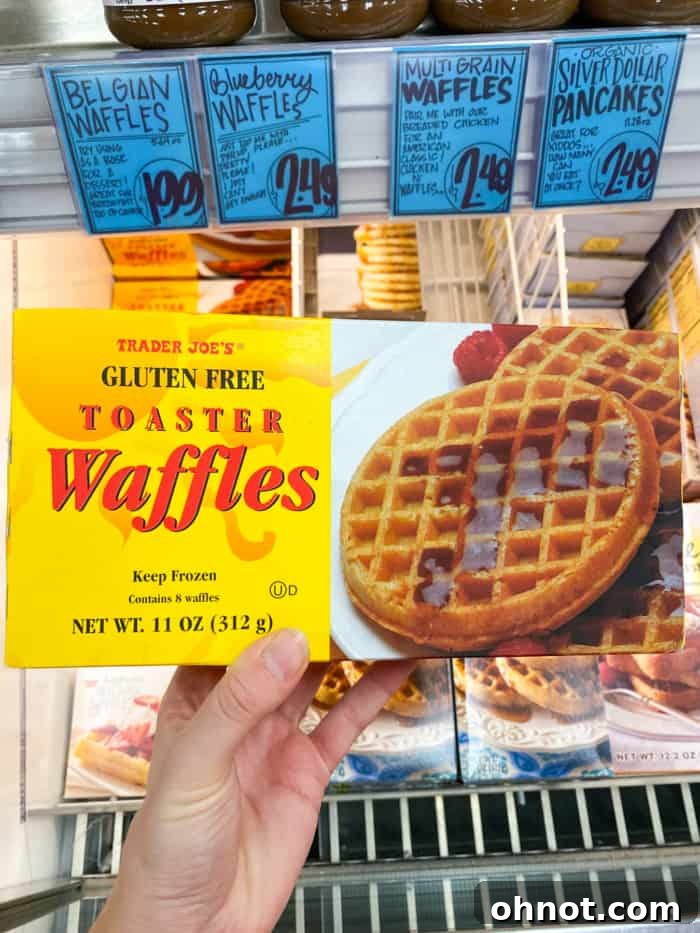 A stack of frozen toaster waffles from Trader Joe's, ready for a quick and easy breakfast.