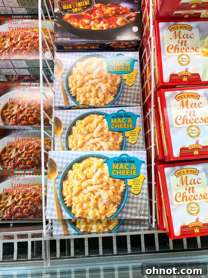 A box of Trader Joe's gluten-free mac and cheese, highlighting its cheesy goodness and convenience.