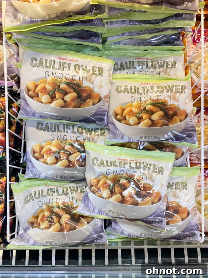 A bag of Trader Joe's cauliflower gnocchi, a popular gluten-free and low-carb pasta alternative.