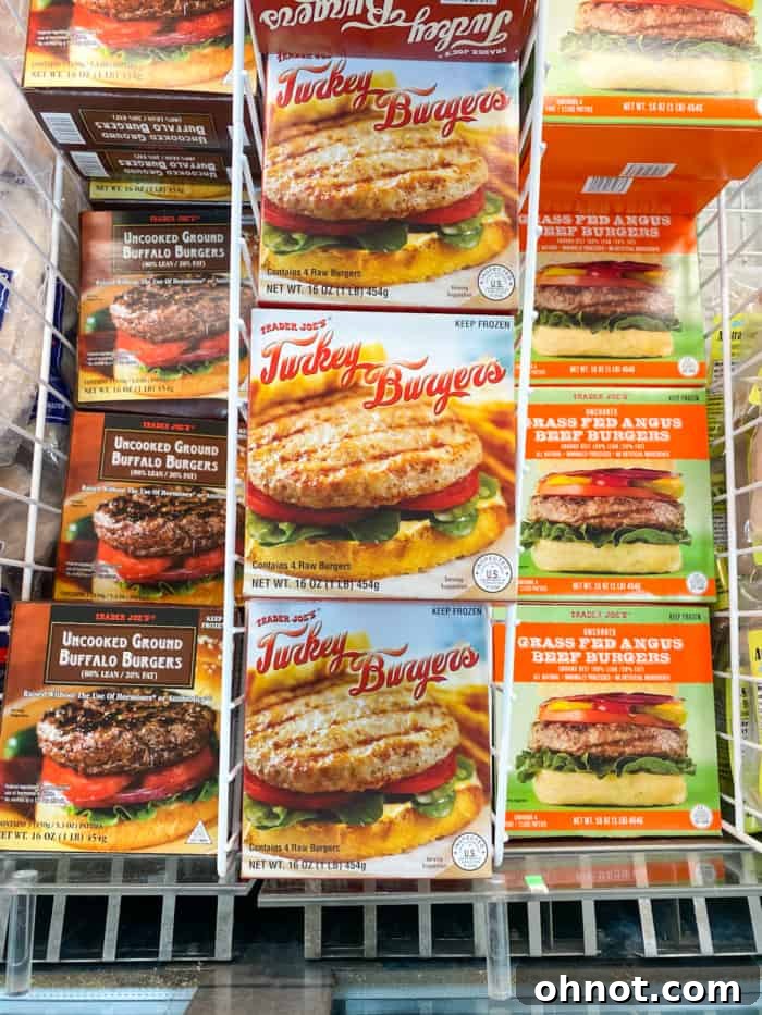 A selection of frozen burgers from Trader Joe's, including turkey, buffalo, and grass-fed options.