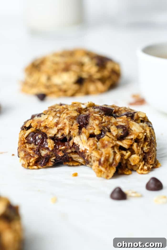 Stack of four-ingredient banana oatmeal cookies on a cooling rack, showing their chewy texture.