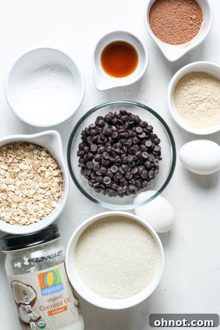 Assortment of chocolate chips, oats, and other baking ingredients for lactation brownies.
