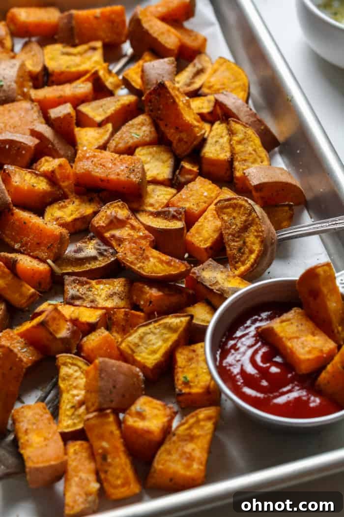 Crispy sweet potato chunks with ketchup on the side.