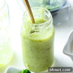 Broccoli smoothie in jar.