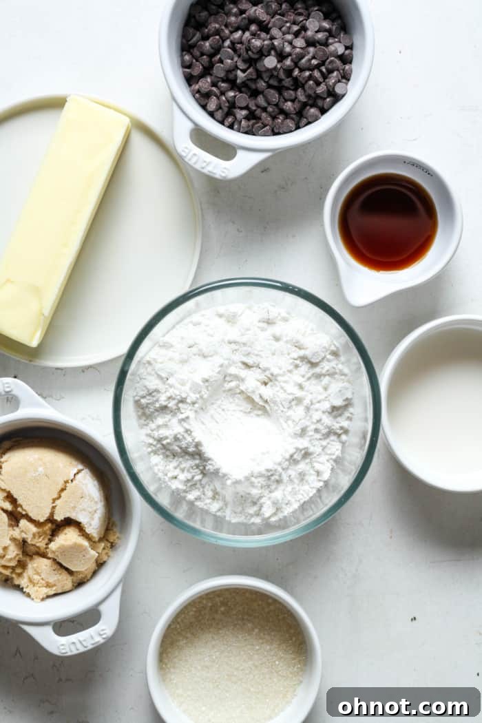 Ingredients for vegan cookie dough including heat treated flour, sugar, and chocolate chips.