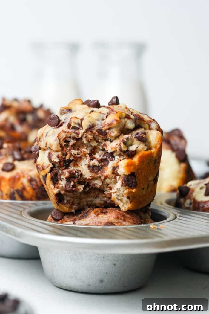 Close-up of a gluten-free banana muffin with a chocolate swirl, showcasing its soft texture and deliciousness.