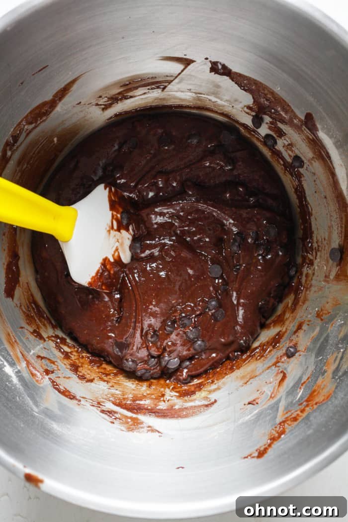 Delicious triple chocolate brownie batter with extra chocolate chips folded in.